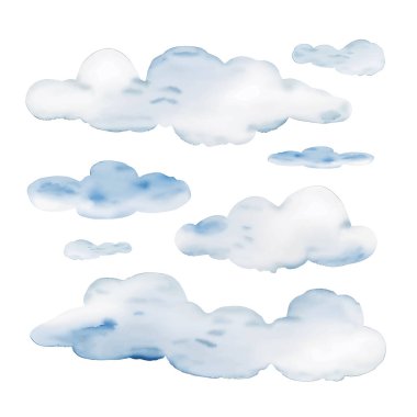 Beyaz zemin üzerindeki suluboya bulutlarının toplanması. Vektör illüstrasyonu