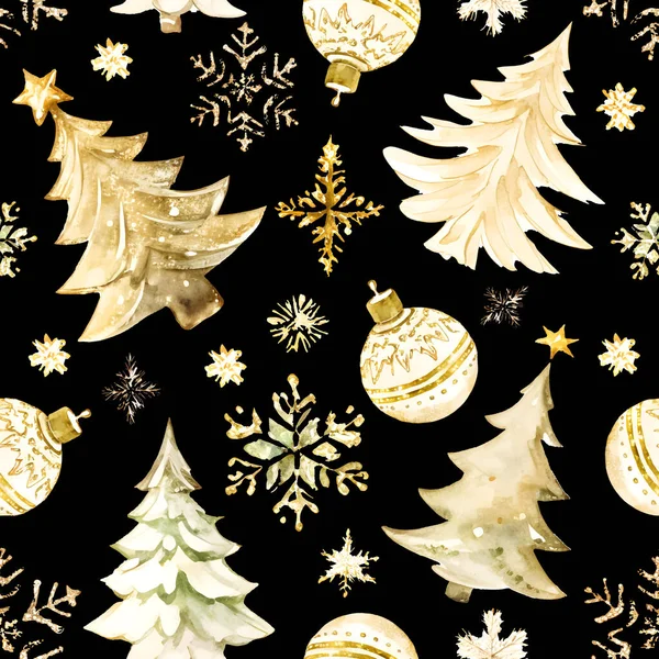 Christmas Seamless Pattern Golden Snowflakes Christmas Tree Balls Isolated Black — Stock Vector