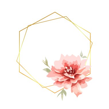 Altın poligonal çerçeveli suluboya pembe çiçek, düğün tasarımı için çiçek çerçevesi, logo, şablon. Vektör illüstrasyonu