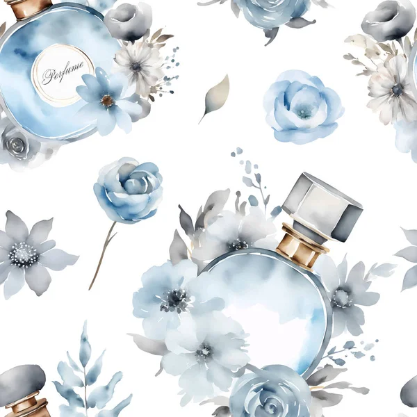 青い香水と灰色の花のシームレスなパターン 水彩画プリント ベクトルイラスト — ストックベクタ