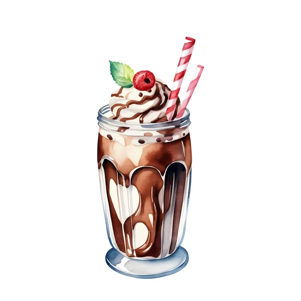 Chocolade Cocktail Milkshake Met Rood Stro Frambozen Witte Achtergrond Aquarelstijl — Stockvector