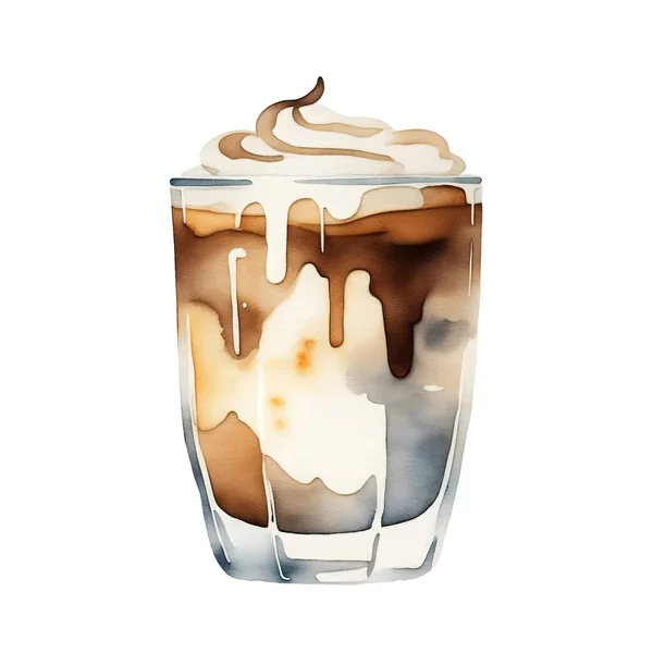 上にホイップクリームが付いている甘いコーヒー飲み物 ウォーターカラーベクター ベクトルイラスト — ストックベクタ