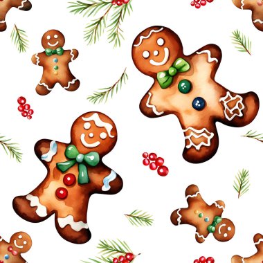 Sulu boyalı zencefilli kurabiye ve böğürtlenli Noel deseni. Vektör illüstrasyonu