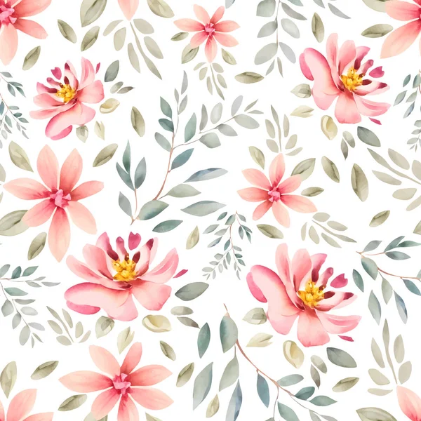 白い背景に花が付いている水彩の継ぎ目が無いパターン フローラル ベクトルイラスト — ストックベクタ