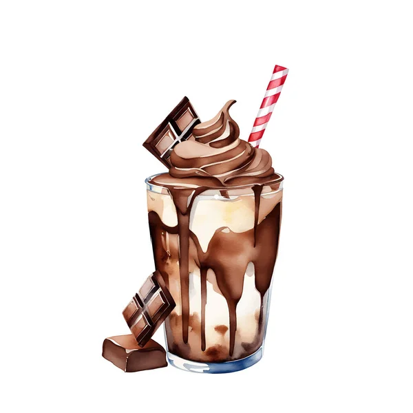 Çikolatalı Milkshake Bardakta Kokteyl Beyaz Arka Planda Kırmızı Pipet Suluboya — Stok Vektör
