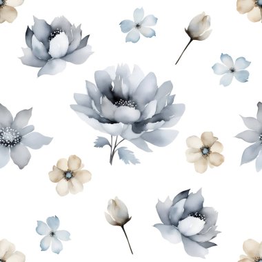 Mavi gri ve bej suluboya çiçeklerle kusursuz desen. Zarif ve sonsuz baskı. Vektör illüstrasyonu