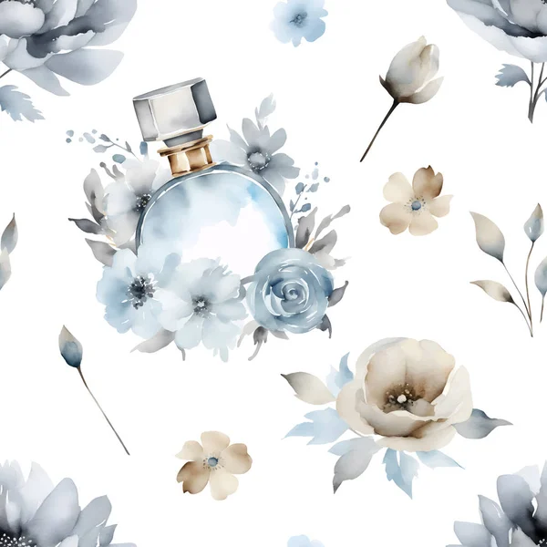 Patrón Sin Costuras Con Botella Perfume Flores Ilustración Acuarela Ilustración — Vector de stock