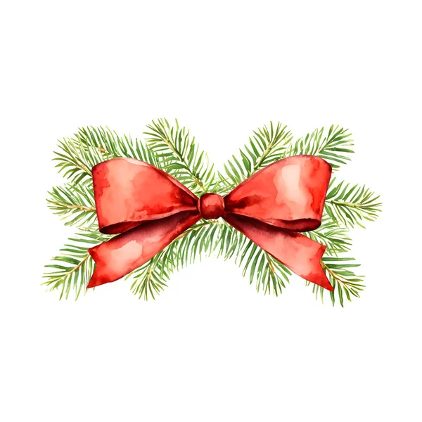 スプルースの枝と赤い弓の水彩クリスマス組成 ベクトルイラスト — ストックベクタ