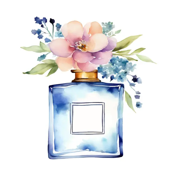 Niebieska Butelka Perfum Kwiatami Ilustracja Akwareli Tak Ilustracja Wektora — Wektor stockowy