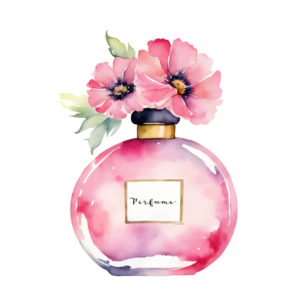 Watercolor Bottle Pink Perfume Decorated Flowers Isolated White Vector Illustration — Stock Vector