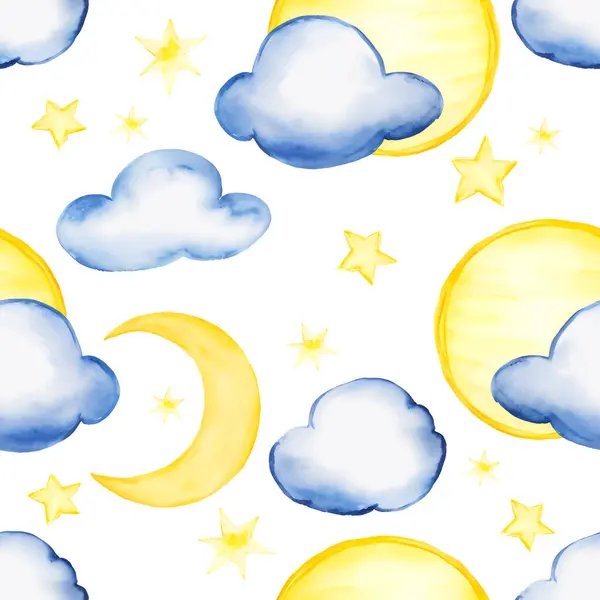 Cute Watercolor Crescents Stars Blue Cloud Kids Seamless Pattern Vector — Stock Vector