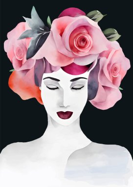 Kafasında çiçek olan bir kadının suluboya portresi, güllerin çelengi ve siyahta izole edilmiş şakayıklar, vektör. Vektör illüstrasyonu