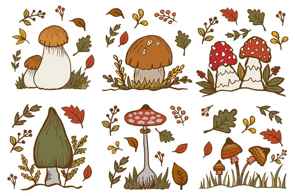 Definir Ilustração Outono Com Folhas Caindo Bagas Cogumelos Elementos Florais — Vetor de Stock