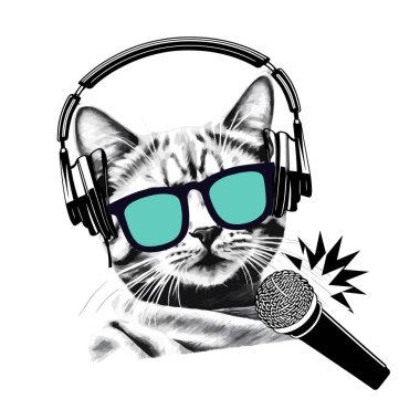 Gözlüklü, mikrofonlu ve kulaklıklı havalı bir kedinin baskısı şarkı söyler ve müzik dinler. Vektör illüstrasyonu
