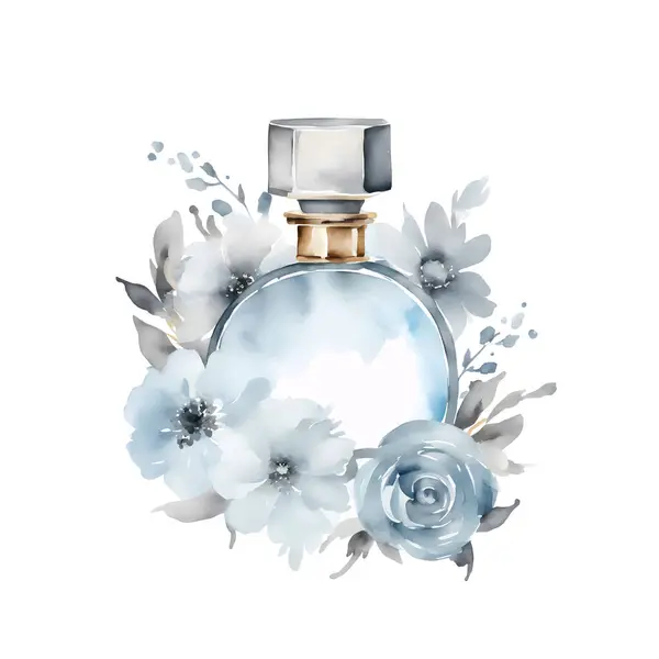 Blaue Flasche Parfüm Und Blumen Aquarell Illustration Vektorillustration — Stockvektor