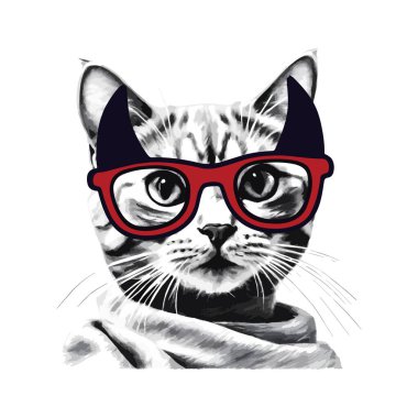Kolaj tasarımı elementi, gözlüklü kedi beyaza izole edilmiş. Vektör illüstrasyonu