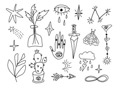 Doodle esrarengiz sihirli semboller yerleştirdi. Boho el mistik bir koleksiyon çizdi. Vektör illüstrasyonu