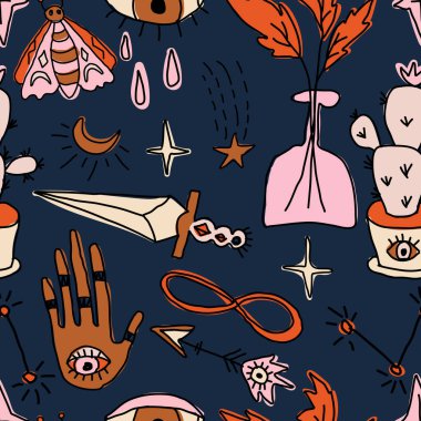 Sihirli karalama elementleriyle kusursuz desen. Kadın eli, göz ve güve, simya esrarengiz büyü alanı, vektör. Vektör illüstrasyonu