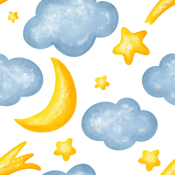 Cloud Moon Stars Cute Seamless Pattern Watercolor Style Isolated White — Stock Vector