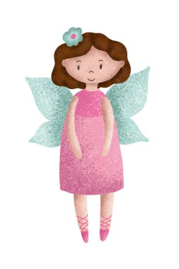 Cartoon fairy girl flying in cute pink dress with wings. Vector illustration