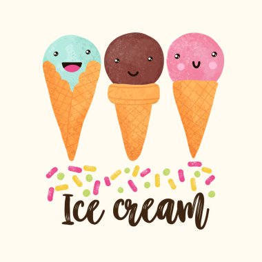 Şirin kawaii dondurma seti, renkli yaz çocukları koleksiyonu. Vektör illüstrasyonu