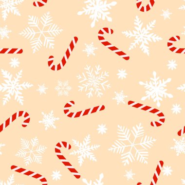 Şeker kamışı ve kar taneleri Noel 'in kusursuz desenleri. Vektör illüstrasyonu