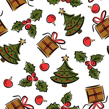 Noel ağacı ve hediye kutusuyla kusursuz desen. Vektör illüstrasyonu