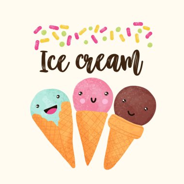 Tatlı çocuklar, çizgi film dondurma baskı vektör çizimi. Vektör illüstrasyonu