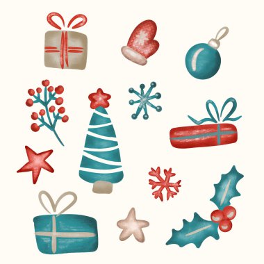 Güzel bir çizgi film Noel süsü ve bej arka planda izole edilmiş süsler. Vektör illüstrasyonu