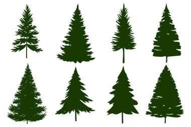 Beyaz arka planda izole edilmiş yeşil siluet noel ağacı seti. Vektör illüstrasyonu