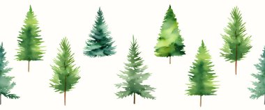 Noel ağacı, tatlı suluboya köknar ağaçlarıyla kusursuz bir sınır. Vektör illüstrasyonu