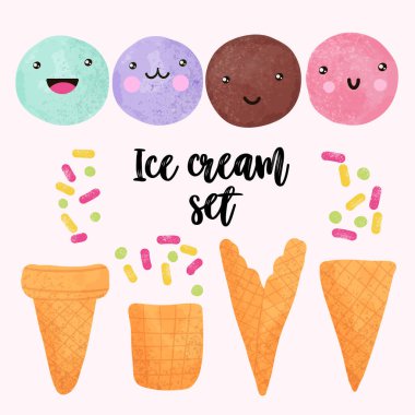 Kawaii dondurma seti. Çocuk tasarımı için çizgi film tarzında sevimli el çizimi yüz duyguları. Vektör illüstrasyonu