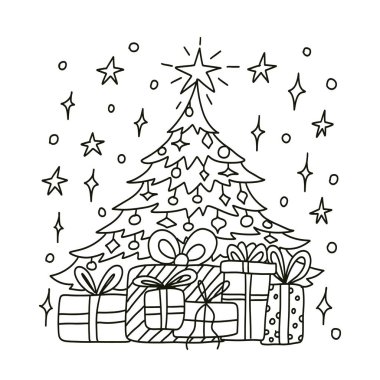 Hediye kutularıyla Noel ağacı boyama sayfası, siyah karalama vektör çizimi. Vektör illüstrasyonu