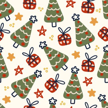 Noel ağacı ve hediye kutuları kusursuz tatil şablonu, kışın mutlu noel tasarımı süsü. Vektör illüstrasyonu