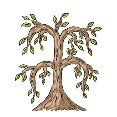 Yeşil yapraklı ağaç çizgi film karakteri, doğa sembolü, organik işaret vektörü. Vektör illüstrasyonu