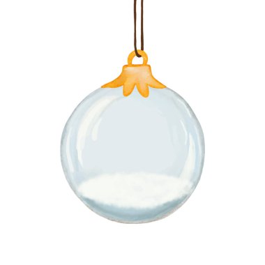 Suluboya Noel saydam kar küresi, beyaz arka planda izole edilmiş yeni yıl süsü. Vektör illüstrasyonu