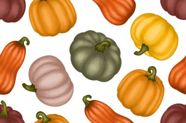 Farklı renkte balkabakları pürüzsüz desen, mevsimsel parlak renkli arka plan. Vektör illüstrasyonu