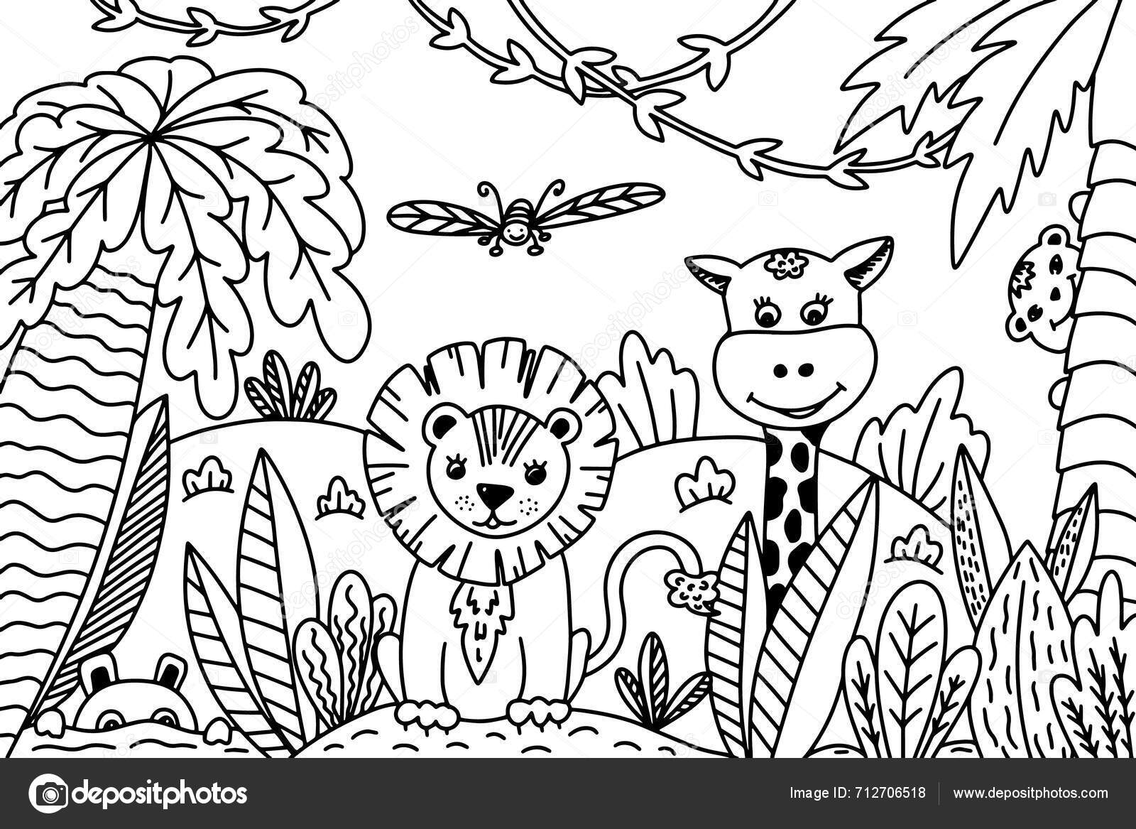 Coloring Page Book Safari Jungle Africa Children Kids Design Vector