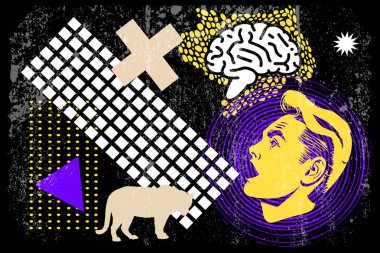 Soyut kolaj modern sanat eserleri şekil ve insan kafası ile arka plan yaratıcılığı tasarımı. Vektör illüstrasyonu