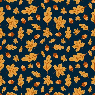 Kusursuz sonbahar meşe yaprakları ve meşe palamutları. Turuncu doğa tasarımı. Vektör illüstrasyonu