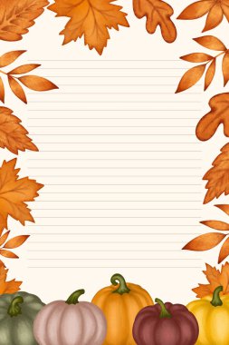 Sonbahar kağıdı boş çizgileri sonbahar mevsimi yaprakları ve balkabağı desenli. Vektör illüstrasyonu