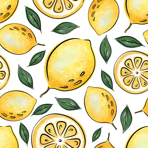 葉が付いているレモン シームレスなパターンの夏の背景 ベクトルイラスト — ストックベクタ