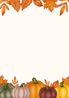 Sonbahar çerçevesi boş balkabakları ve yapraklar, şükran günü kartı boş dikey şablon. Vektör illüstrasyonu