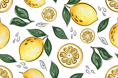 Limon ve yapraklarla sulu, pürüzsüz bir desen. Vektör illüstrasyonu