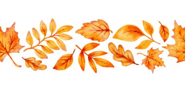 Sulu sonbahar yapraklı kusursuz yatay sınır şablonu. Pankart, poster, ambalaj tasarımı, kartpostal için. El Yapay Zeka değil. Vektör illüstrasyonu