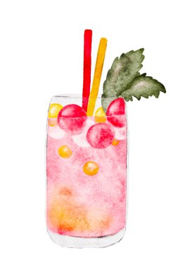 Suluboya içeceği. Arka plandan çıkarılmış pembe kokteyl illüstrasyonu. Vektör illüstrasyonu