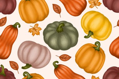 Kabaklar ve yapraklar pürüzsüz desen, Şükran Günü arkaplanı. Vektör illüstrasyonu