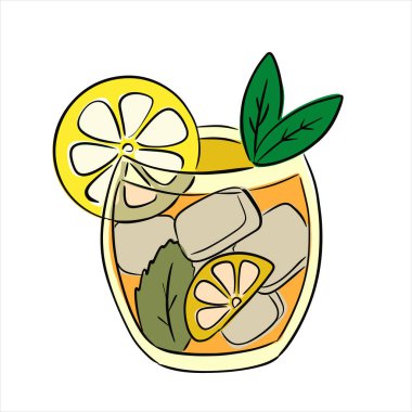 Limonlu ve naneli soğuk çay, buzlu yaz içeceği yassı tasarım vektörü. Vektör illüstrasyonu