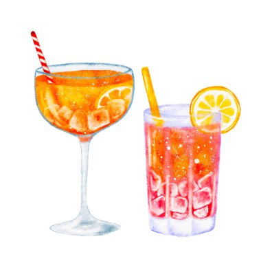 Turuncu yaz içkileriyle kokteyl seti, arka plandan çıkarılmış suluboya. Vektör illüstrasyonu