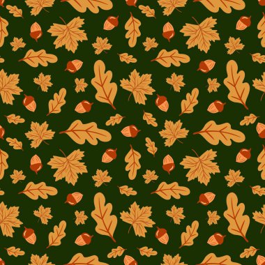 Sonbahar yaprakları, meşe palamudu ve meşe palamudu ile kusursuz bir arka plan, mevsimsel olarak düşer. Vektör illüstrasyonu